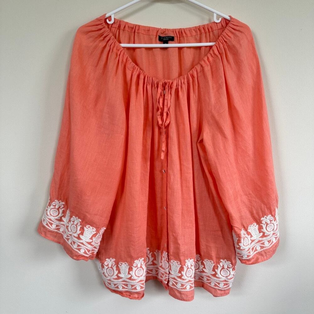 Talbots 100% Linen Floral Embroidered Peasant Blouse Womens Size MEDIUM Coral - Picture 1 of 11